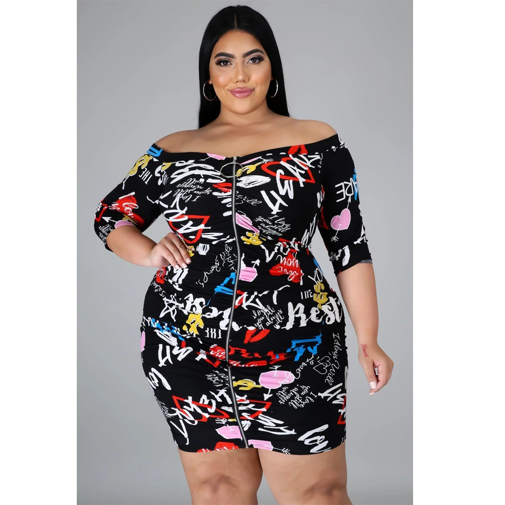 

Hot Sale Fall Winter Clothes Sexy Long Sleeve Off The Shoulder Print Casual Women's Plus Size Dress, 1options