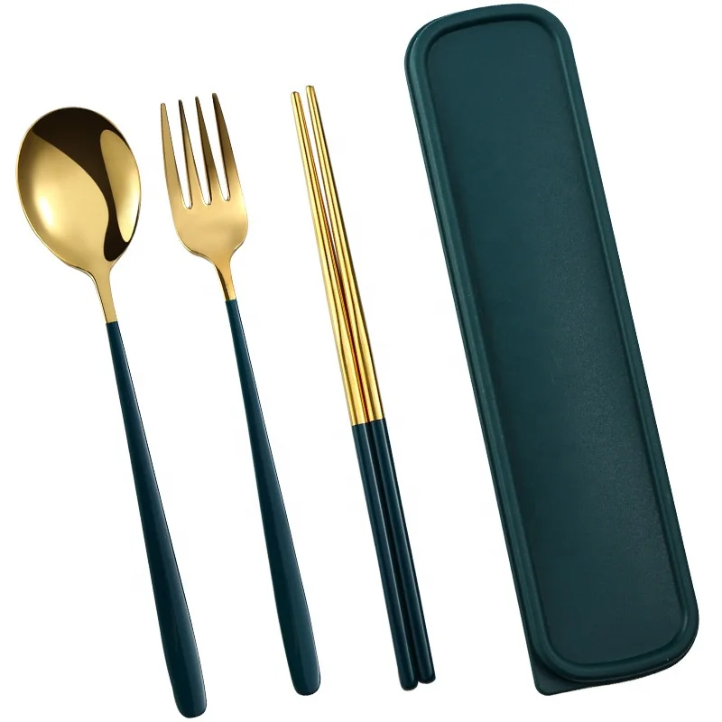 

Portable Tableware 304 Stainless Steel Fork Spoon Chopsticks Three-piece Creative Gift Travel Cutlery Set, Silver,red gold,pink gold,green gold,blue gold