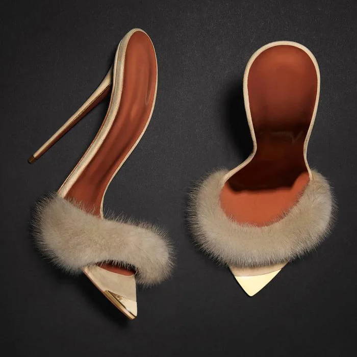 

Luxury mink fur spike ladies women shoes high heels sandals 2020 slipper mules shoes, Gold/