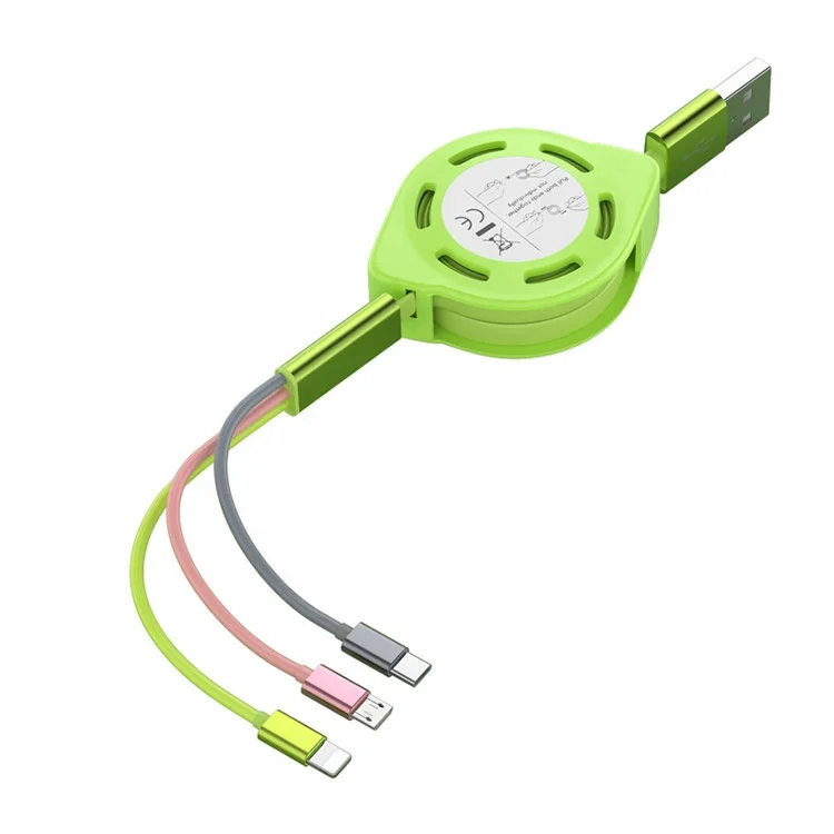 

Wholesale 1m TPE mobile phone 3 in 1 retractable fast charging data cable, Green