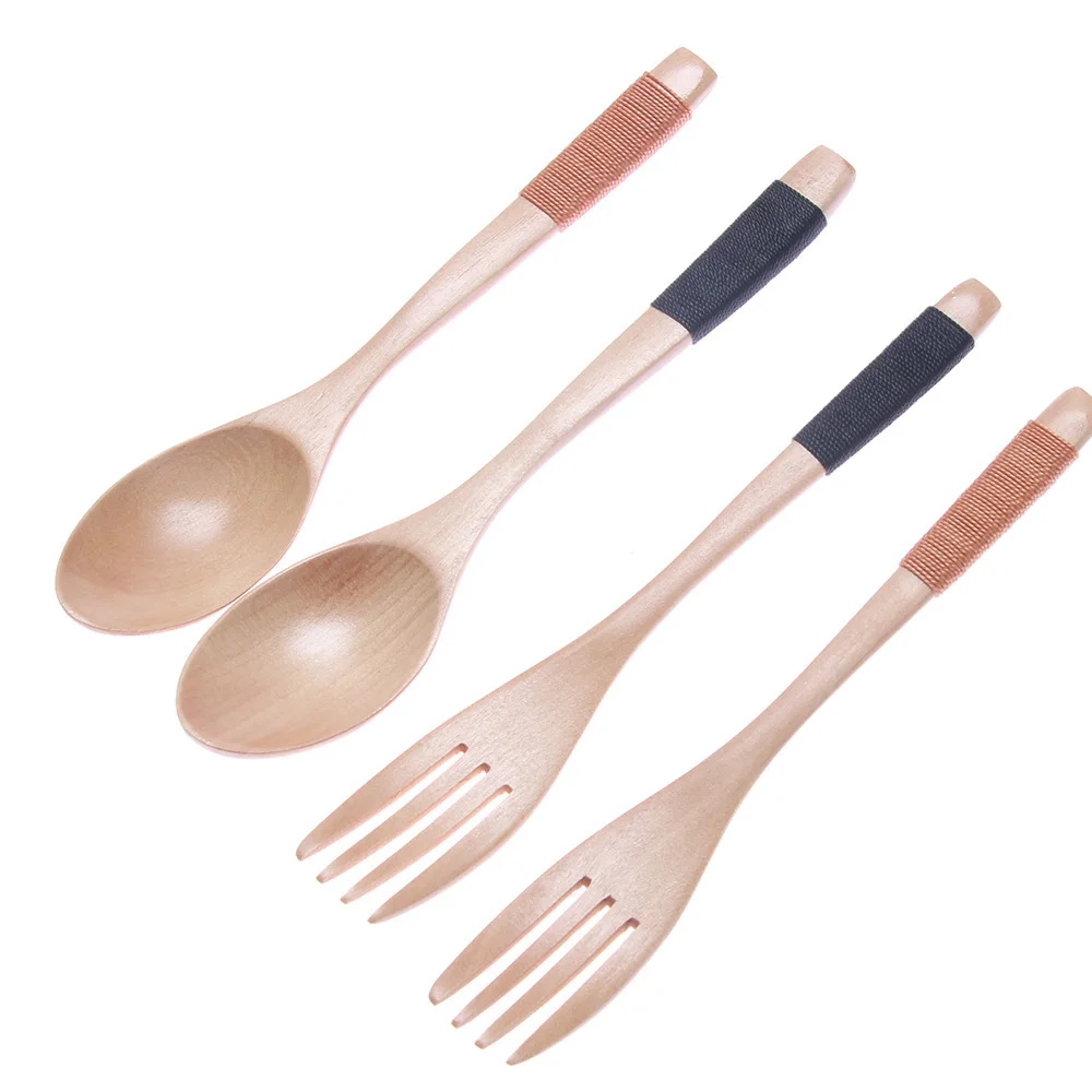 

2PCS Natural Wooden Spoon & Fork Dinner Kit Rice Soups Utensil Cereal Handmade Dinnerware Sets, Black, khaki