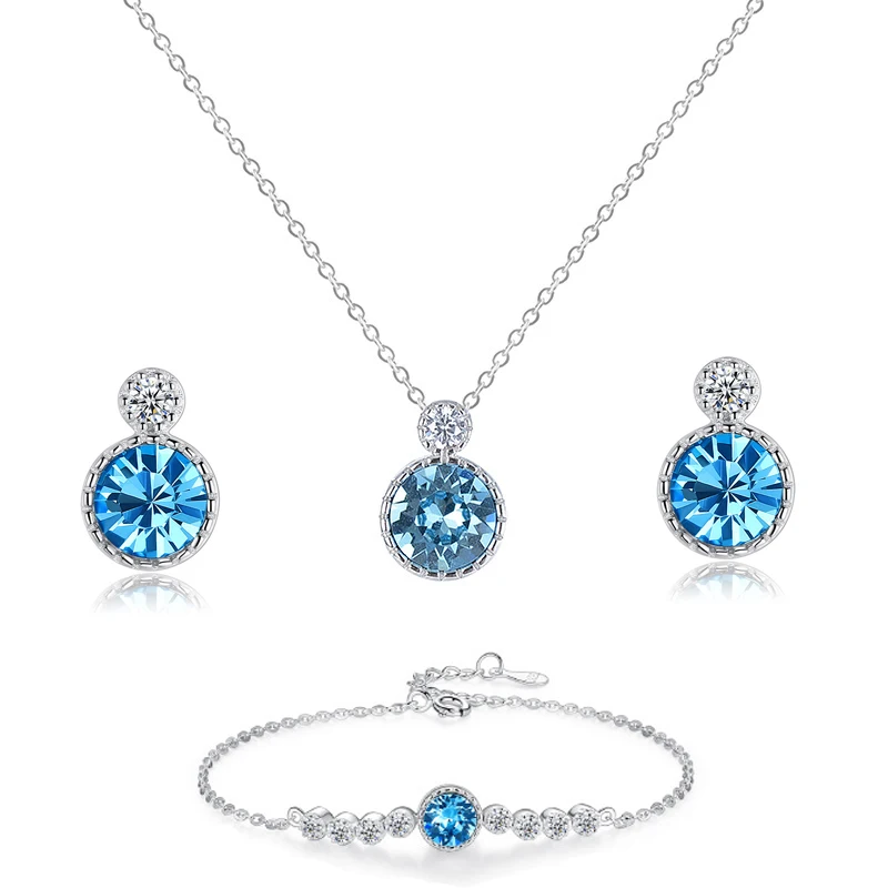 

Ocean Heart 925 Sterling Silver Zircon Bridal Wedding Austria Crystal Necklace And Tennis Bracelet Earring Set For Jewelry Gift