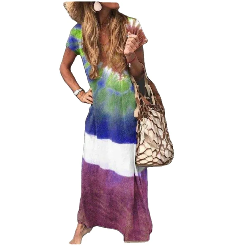 

20Hot Sale Wholesale Women african Fashionable Sexy Printed Short Sleeve Round Neck tye dye Long Dress