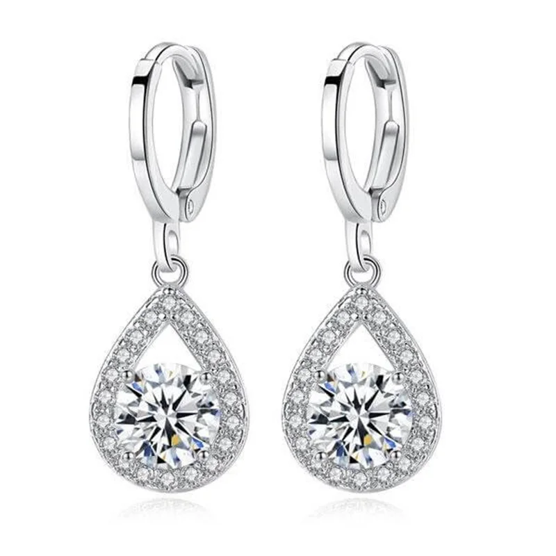 

925 Sterling Silver Round Cut CZ Pear Shape Circle Hoop Drop Earrings Silver Earring Women Engagement Wedding Party Jewelry Gift