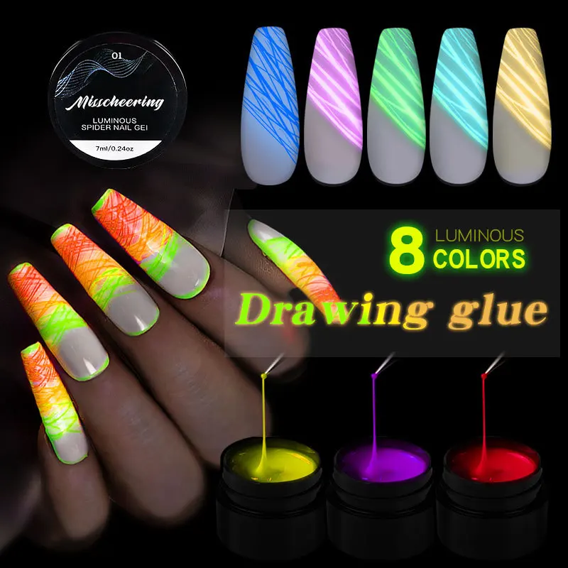 

8ml Fluorescent Neon Effect Nail Art Wire Drawing Pulling Silk Spider UV Gel Soak Off Luminous Spider Nail Gel Polish, 8 colors optional