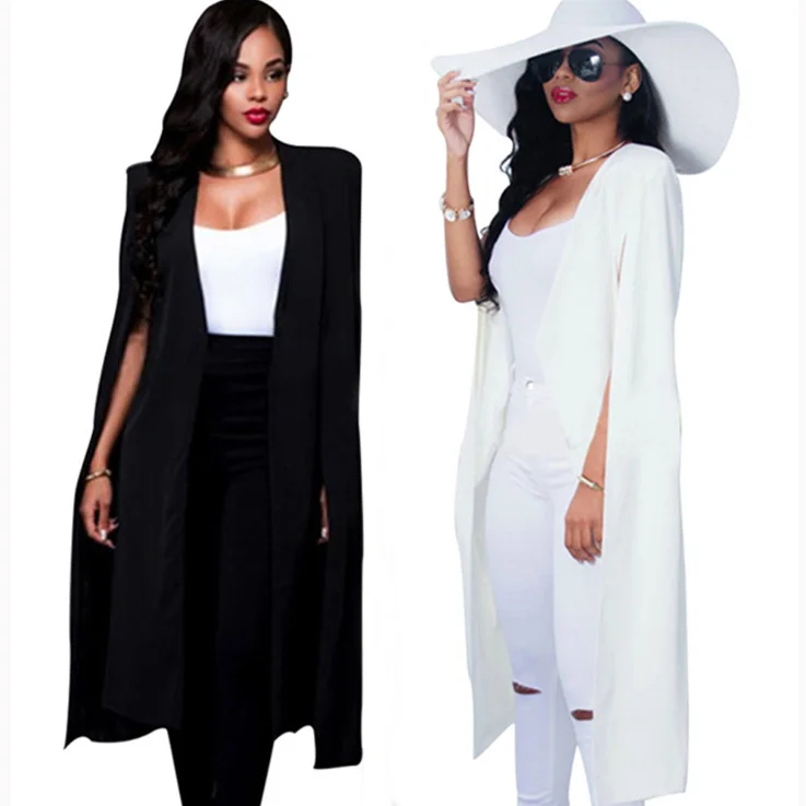 Women Elegant Blazer Contrast Binding Open Front Cape Long Sleeve Blazer White Black Longline Plain Outer Y11129