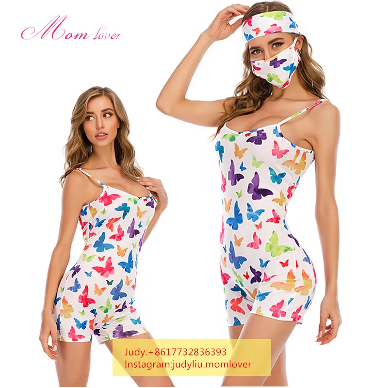 

2020 summer Custom sleeveless onesie adult pajamas strapless camisole Spaghetti romper for women with hair bond facemask