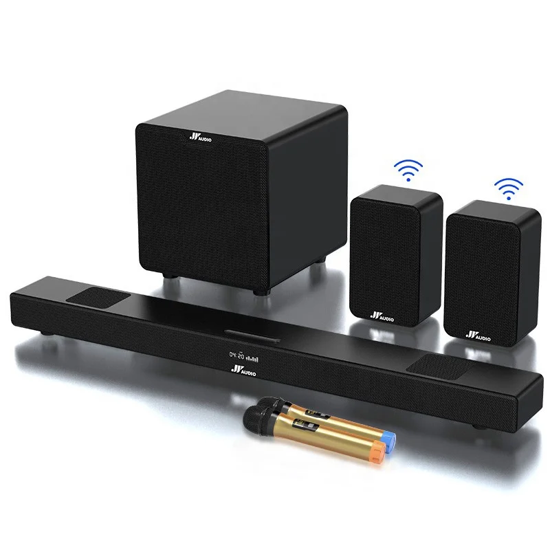 

5.1 Home Theater Sound Bar with Wired Subwoofer Include Wireless Surround Support BT, AUX, Optical, Coaxial, USB and TF,