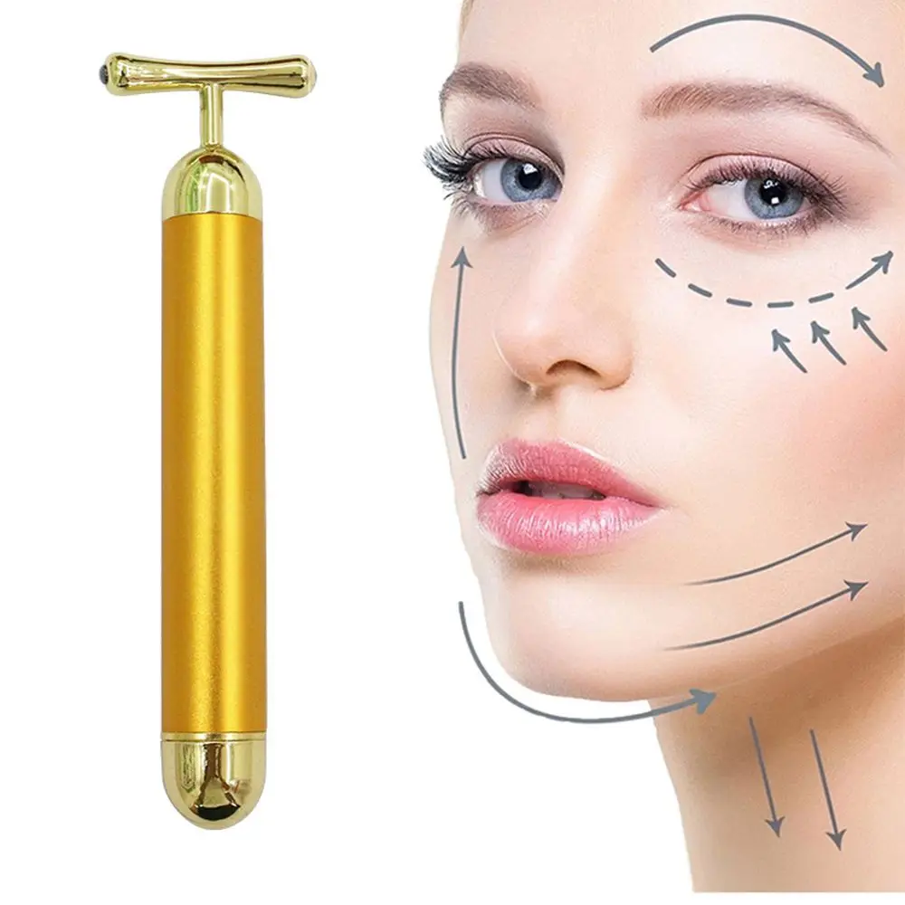 

Best Seller 2022 T Shape Electric Metal Roller Pulse Facial Massager Face Roller Vibrating 24k Gold Bar Energy Beauty bar