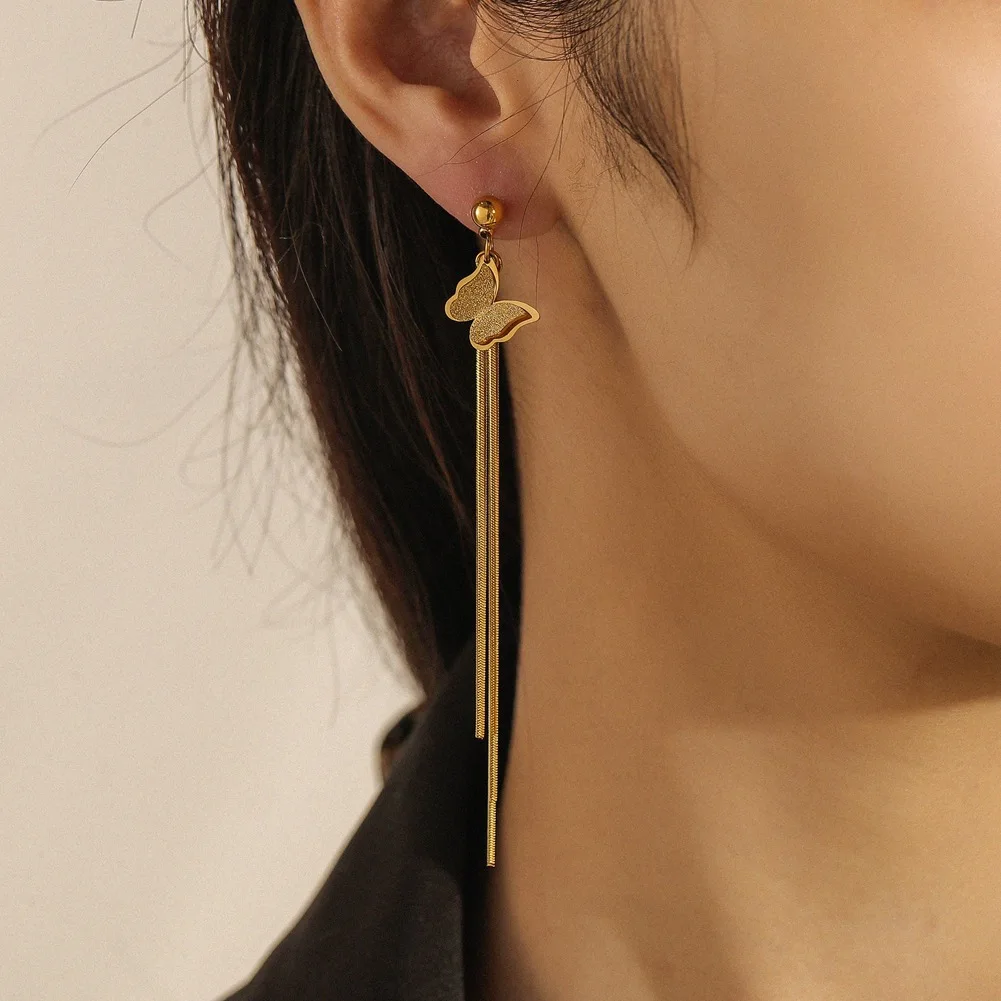 

New stainless steel butterfly chain gold color stud earring simple for women girls