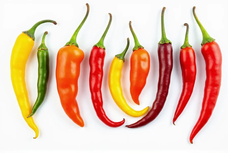 Various pepper varieties arranged by heat level from mild to extreme