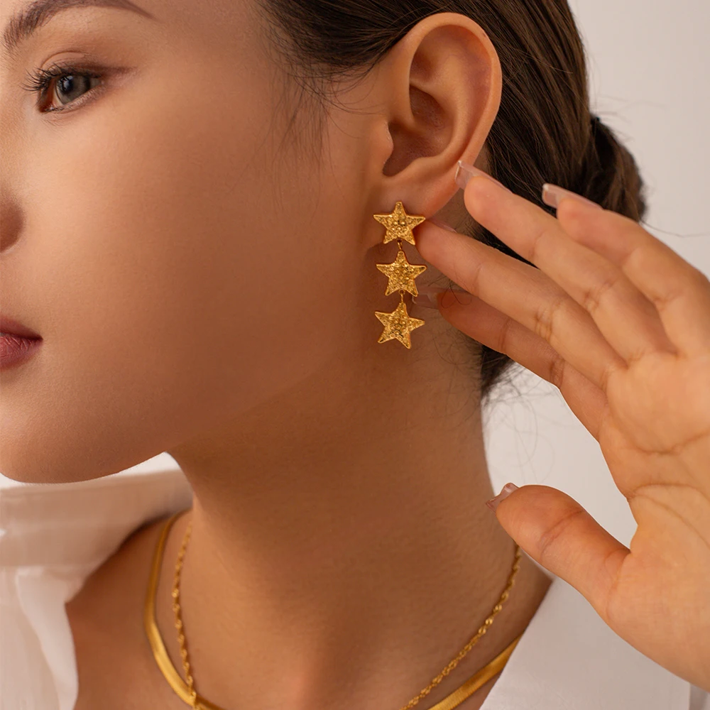 New Arrival 18K Gold Plated Texture Star Earrings Stainless Steel Bump Three Stars Drop Earring for Women