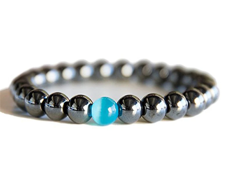 Fashion Handmade Jewelry Hematite Beaded Couple Agate Bracelet Black Blue Cat Eye Crystal Gemstone Brazalete Men Women