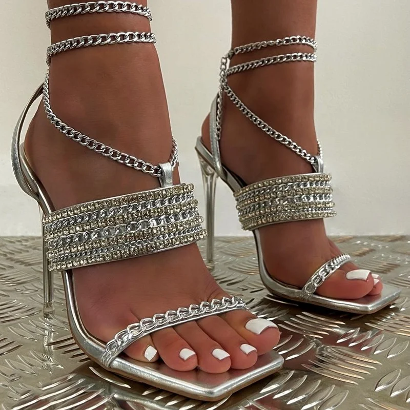 

Metal chain decoration womens heels clear heel square peep toe sandals