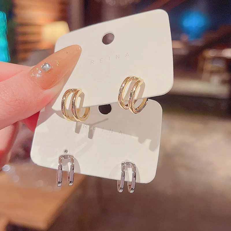 

Stylish Korean Gold Silver Plated Double Layer Hoop Earrings 925 Sterling Silver Post C Shape Earrings