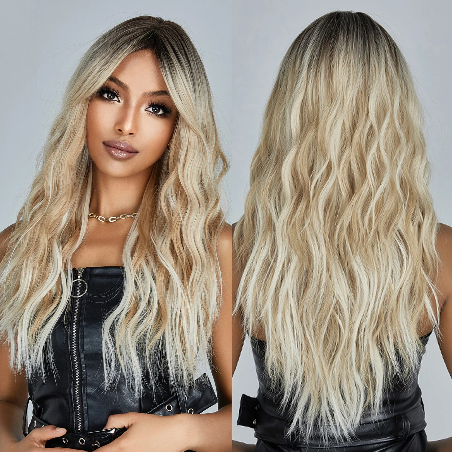 Factory Wholesale Price Light Brown Blonde Synthetic Heat Resistant Wigs with Dark Roots Long Water Wavy Hairs Wig with Bangs