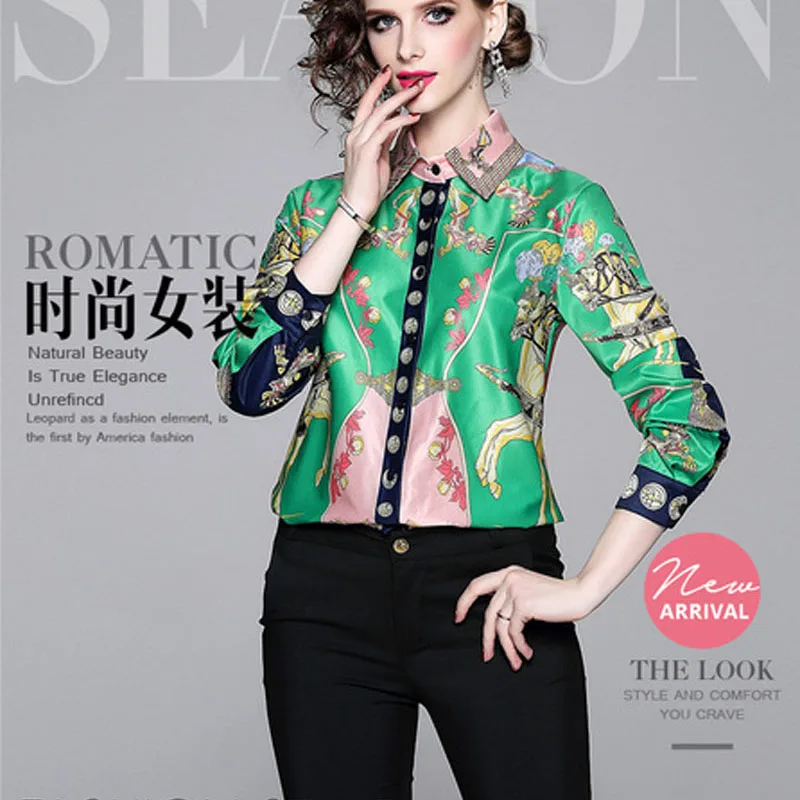 

European station new women's printed slim long sleeve wild lapel shirt XC3182045