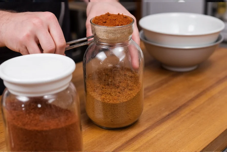 Chef measuring cumin powder into a spice jar for storage