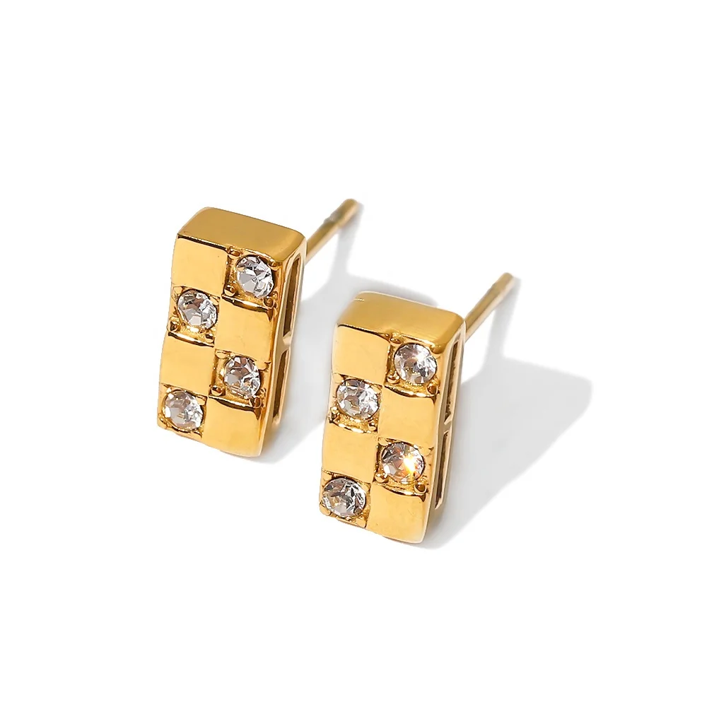 18k Gold Plated Stainless Steel Rectangular Cubic Zirconia Chessboard Stud Earrings Women Jewelry