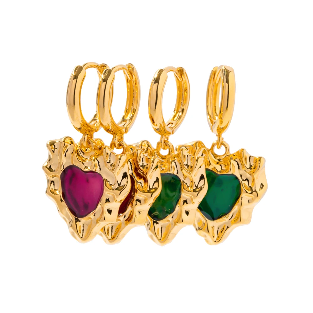 Waterproof 18K Gold Plated Red Heart Earring Bump Surface Irregular Emerald Green Stone Heart Earring