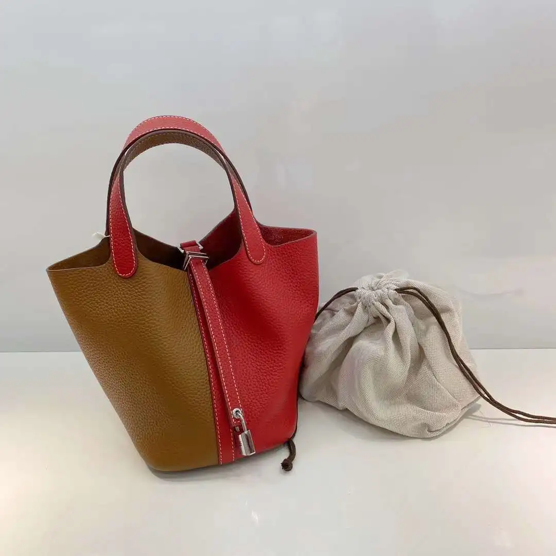 

Lychee Pattern First Layer Cowhide Basket Bag 2021 New Leather Ladies Handbag Fashion Color Matching Shoulder