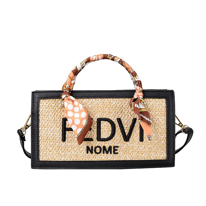 

Summer straw bag female 2021 new Korean edition fashion letter simple single shoulder crossbody box bag, Natural