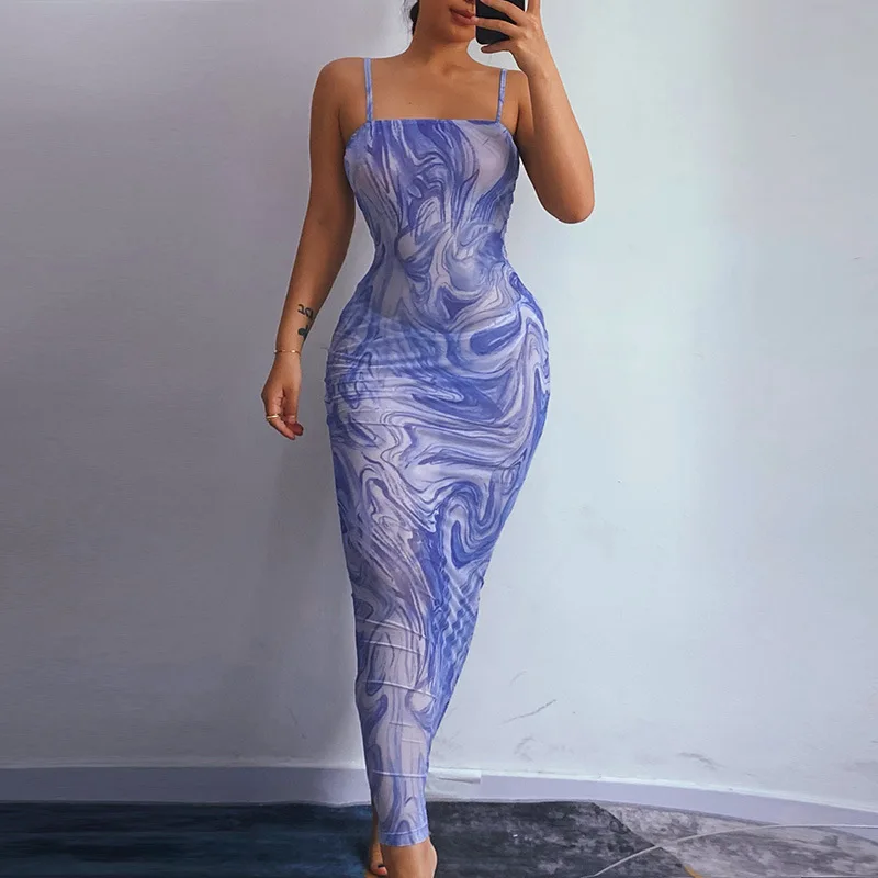 

FS4033D summer fashion prints sexy spaghetti slip long dress for women
