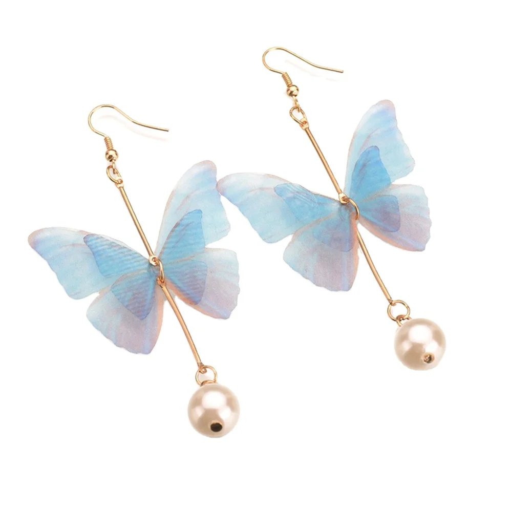 

Korea Fashion Jewelry Wholesale Summer New Blue Pink Pearl Pendant Butterfly Earrings, As pictures show