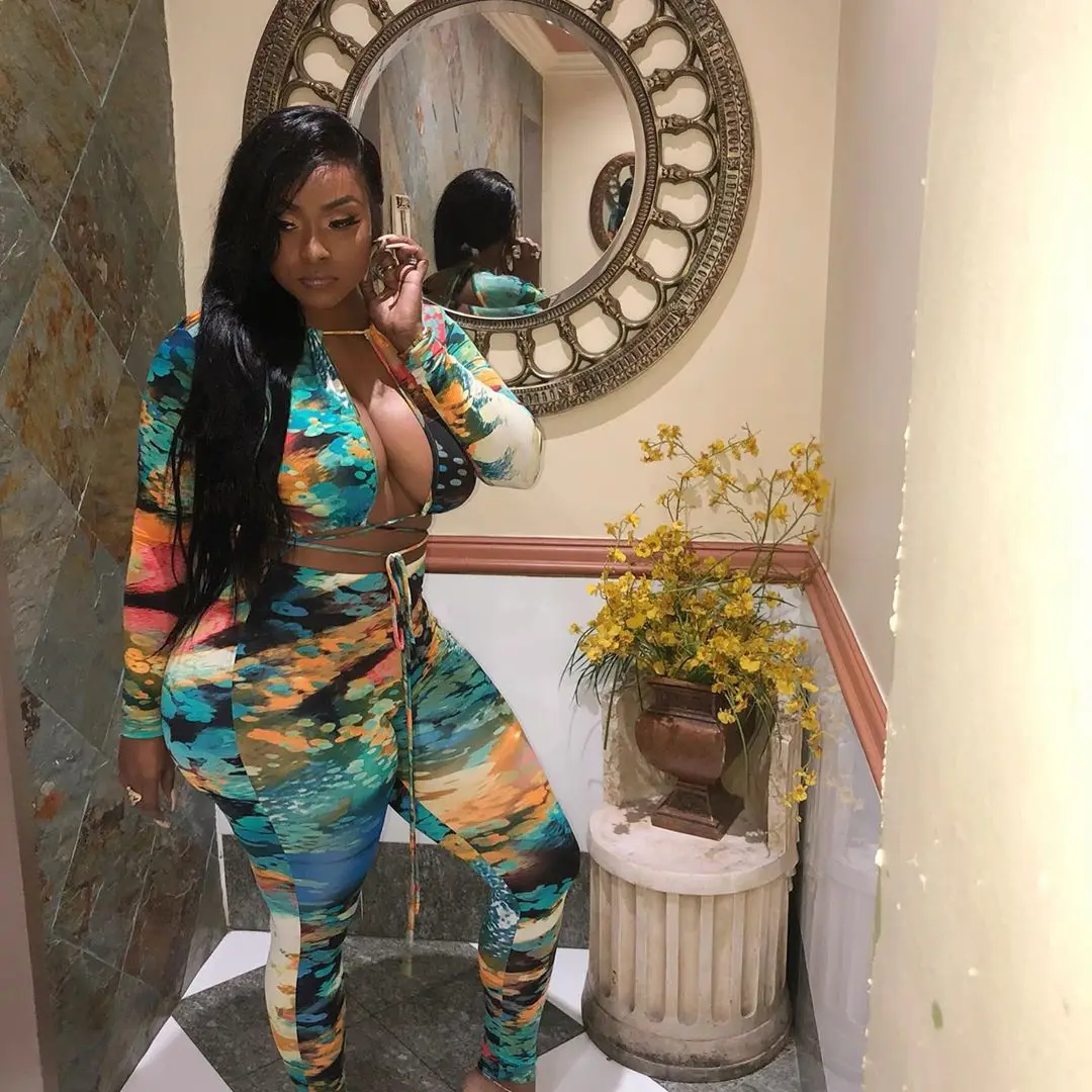 

Colorful Womens Fashion Sets Custom Print Clothing Tie Wrap 2 Piece Set Women Sexy Top And Pants -PT, Blue
