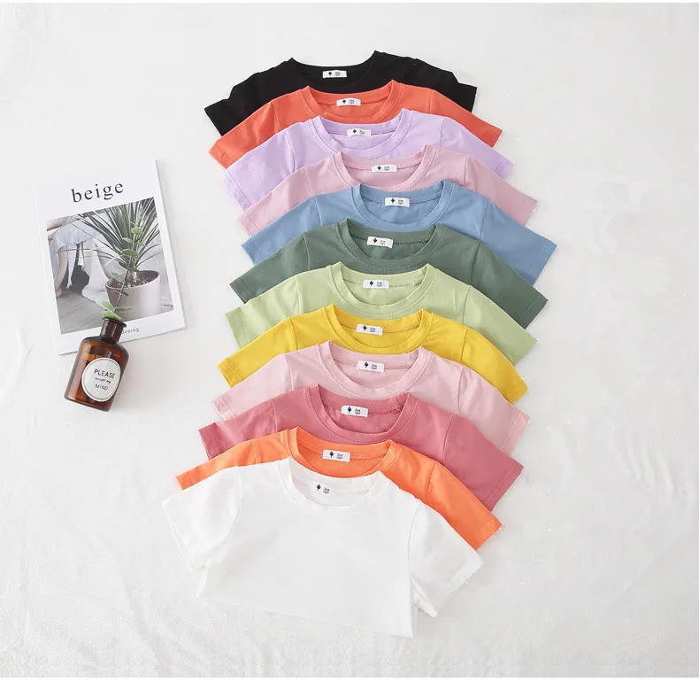 

2022 Summer new children solid color top kids baby short sleeve cotton boy girls' t-shirt, Picture