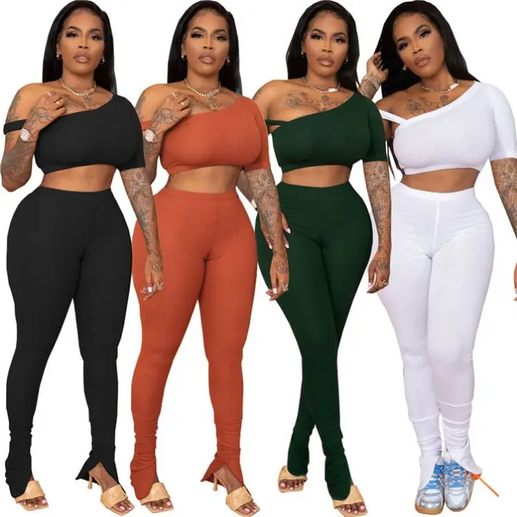 

women s two piece sexy outfit One Shoulder Irregular Tops Long Pants Summer Women Two Piece Set, Picture shown