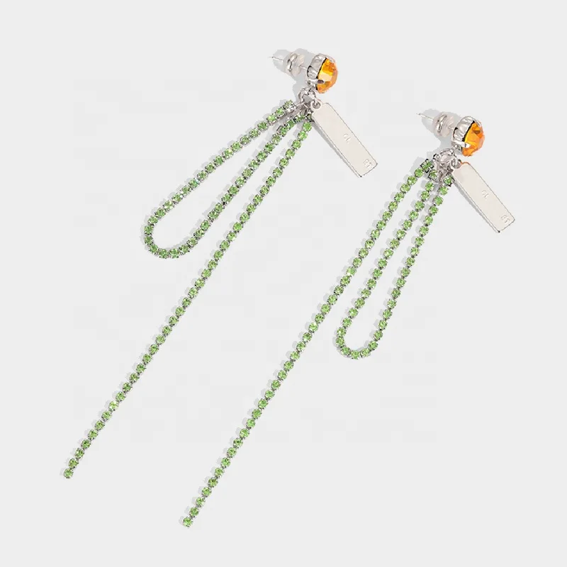 

Ins Personality Simple Niche Design Colorful Crystal Green Diamond Long Tassel Earrings Women, Picture shows