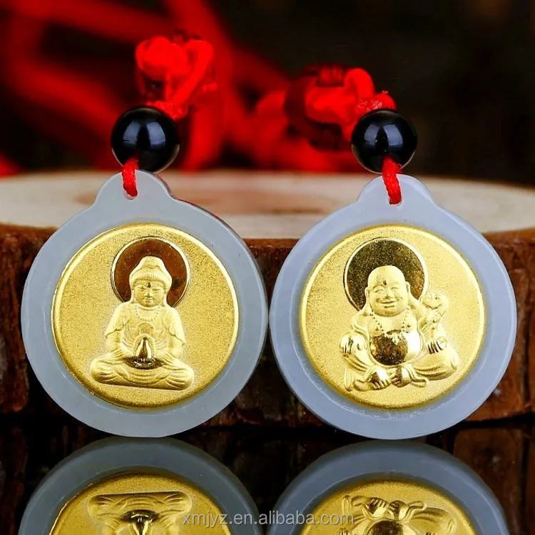 

Gold Inlaid Jade Pendant New Style Hetian Jade Pure Gold Guanyin Buddha Men And Women Couple Models Shopping Mall Supply