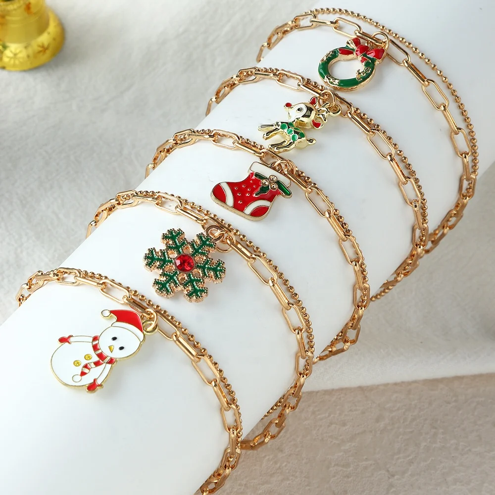 

2021 Double Chain Jewelry Snowman Snowflake Socks Fawn Bell Pendant Lovely Plated 18K Gold Christmas Bracelet, As pictures