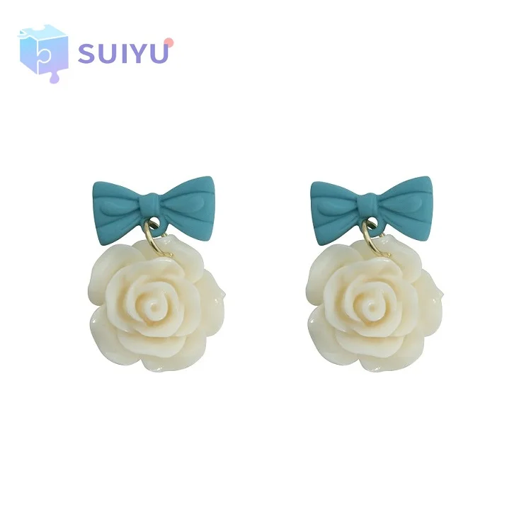 

S925 Wholesale Korean Style Fresh Bow Rose Resin Earrings Elegant Hot Sale White Rose Wedding Earrings for Cute Ladies