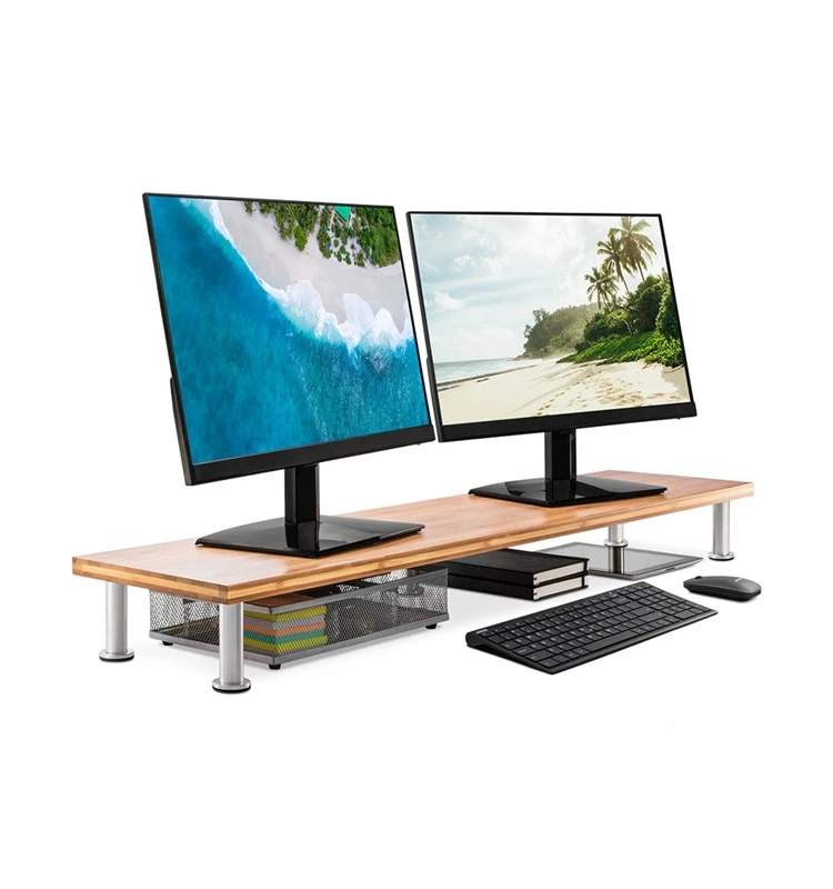 Bamboo Monitor Stand Riser with Metal Feet, TV LCD Display Printer ...