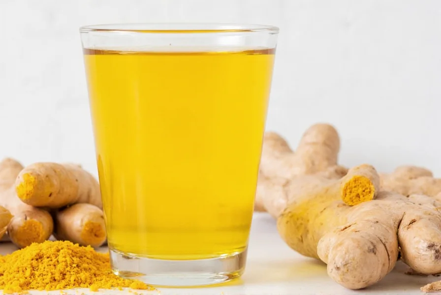 Finished turmeric ginger shots in small glasses with fresh ingredients