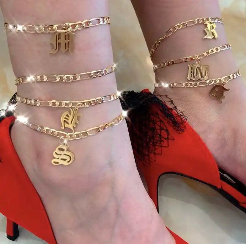 

Go Party 2021 Hot 18K plated stainless steel anklets with initials ankle bracelet A to Z old english letter anklet, Same as picture