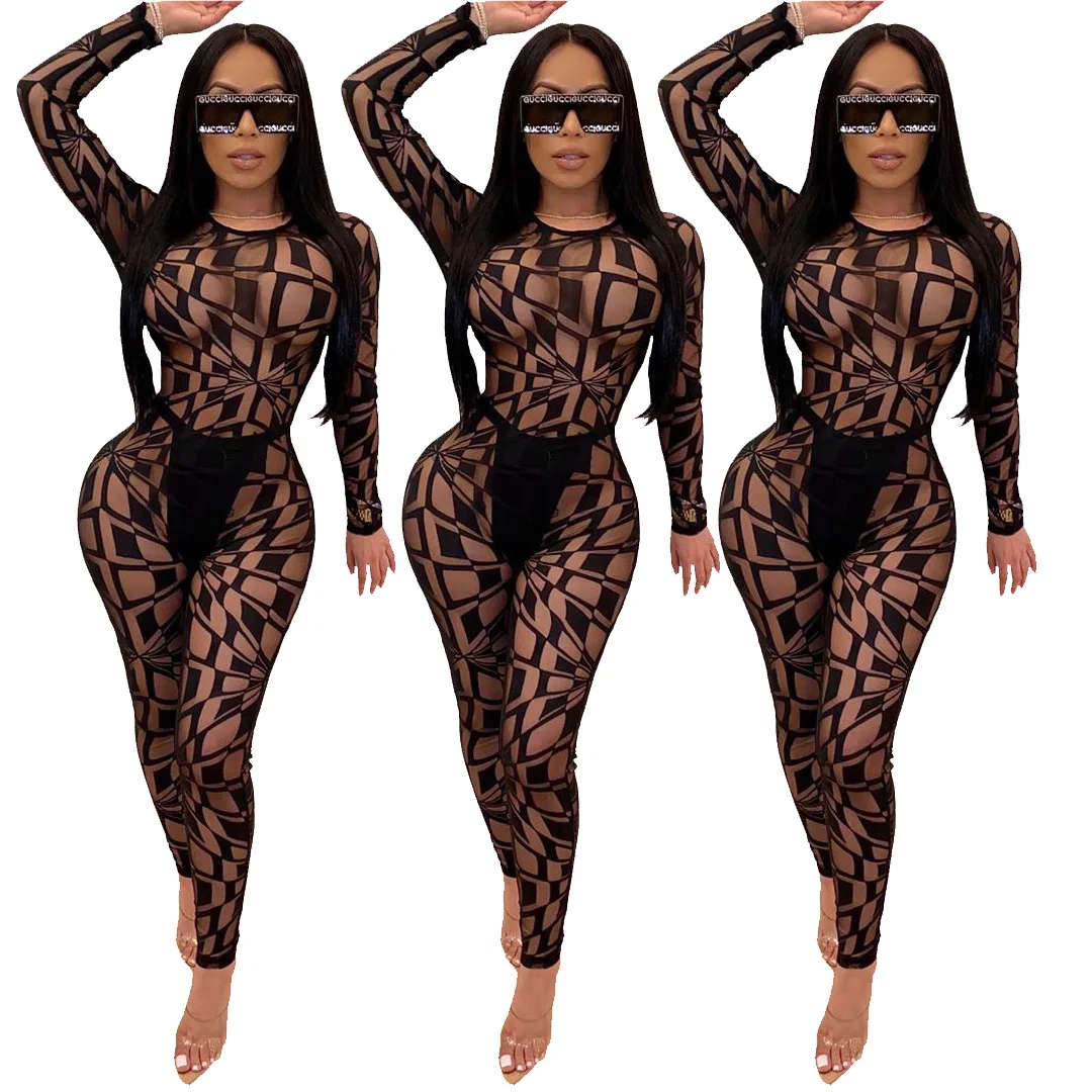 

B14524A 2020 Europe women transparent mesh sheer fashion sexy black jumpsuit