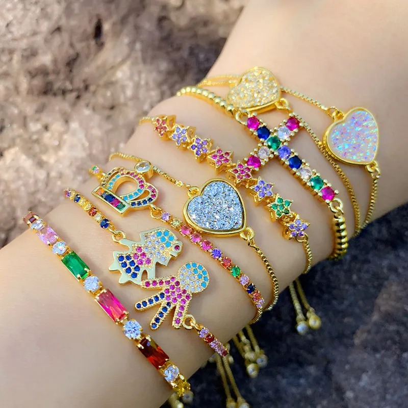 Barlaycs Fashion Charm Tennis Adjustable Brass Colorful Zircon Eye Heart Cross Crown Star Chain Bracelet Jewelry For Women