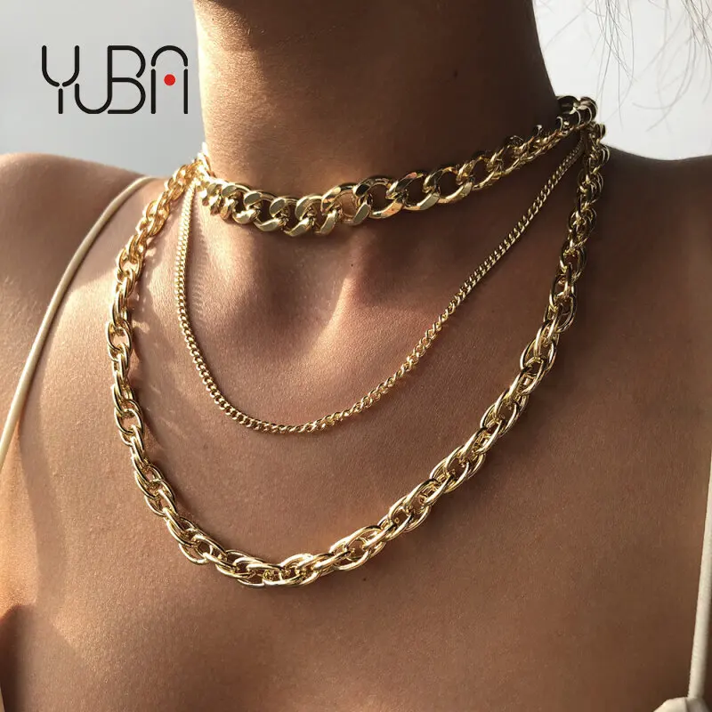 

2021 European Trend Punk Hiphop Multi-Layer Necklace Statement Gold Plated Figaro Chain Necklace For Women