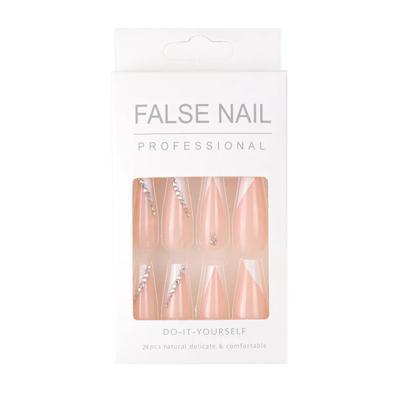 

adiyat 2021 ballerina nails france shape pink and white color diamond press on nails glitter coffin rhinestones fakenails