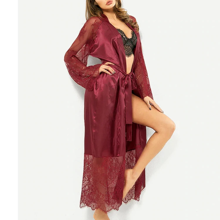 

Long lace plus size sleepwear night wear lingerie silk robes women, White, burgundy, black