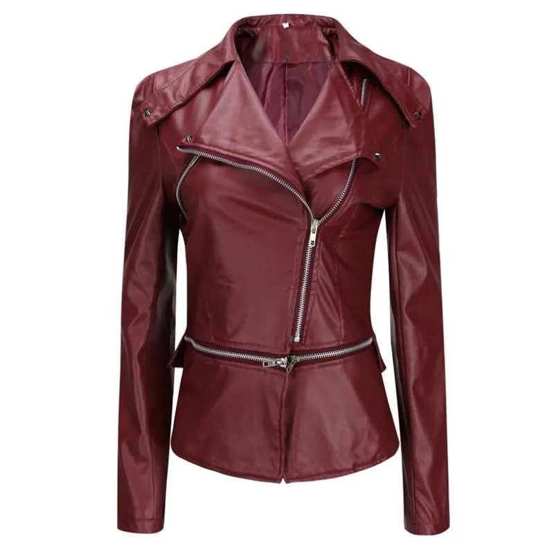 

Women Leather Coat Red Zipper Motorcycle Jacket Mulit-Colored Slim-Cut Reversible Plus Size Jacket