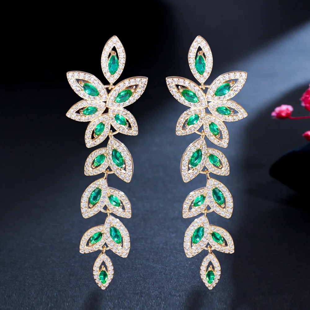 

Dazzling Gold Plated Green Cubic Zirconia Leaf Shape Dangle Drop Women Long Earrings for Wedding Party Wear