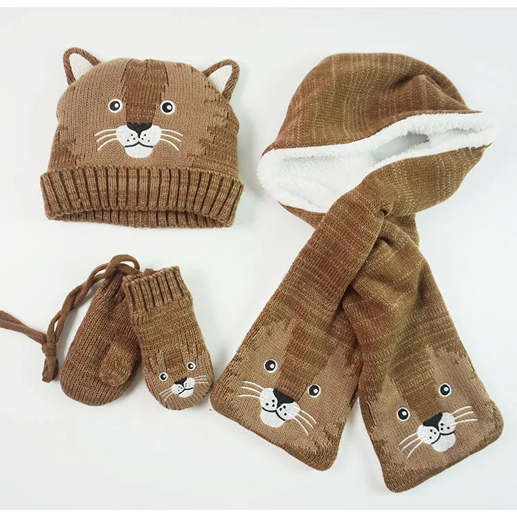 Children Boys Girls Knitted Kids Hat Scarf Gloves Set Animal Winter