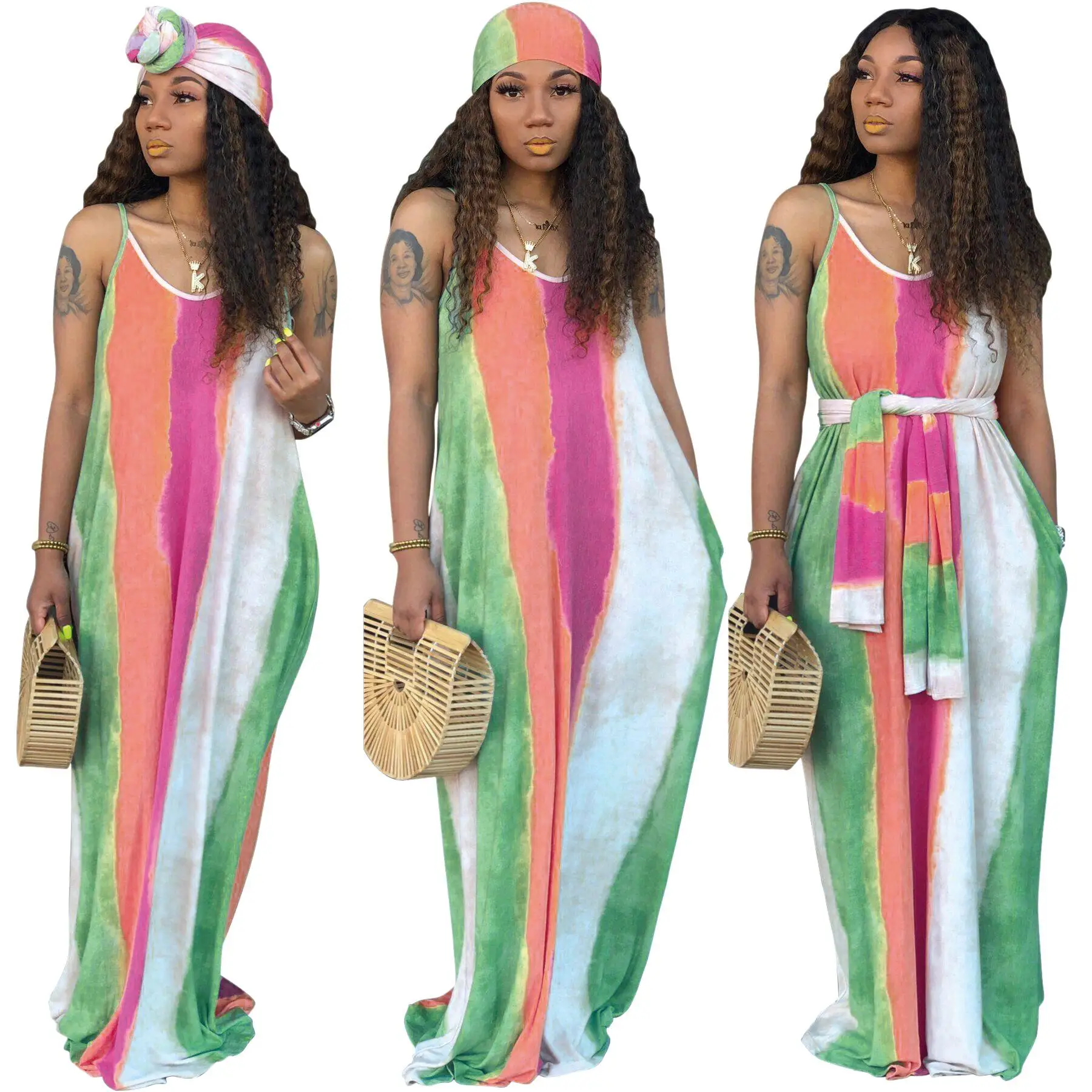 

2021 Women's Plus Size Summer Dress Clothing Girls' Evening Halter Spaghetti Strap Maxi Dress Striped Colorful Long Casual Dress