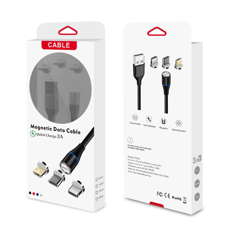 
3 in 1 For iPhone Micro Type C Luminous 3A Fast Charging Magnetic USB Data Transfer Magnet Cable 
