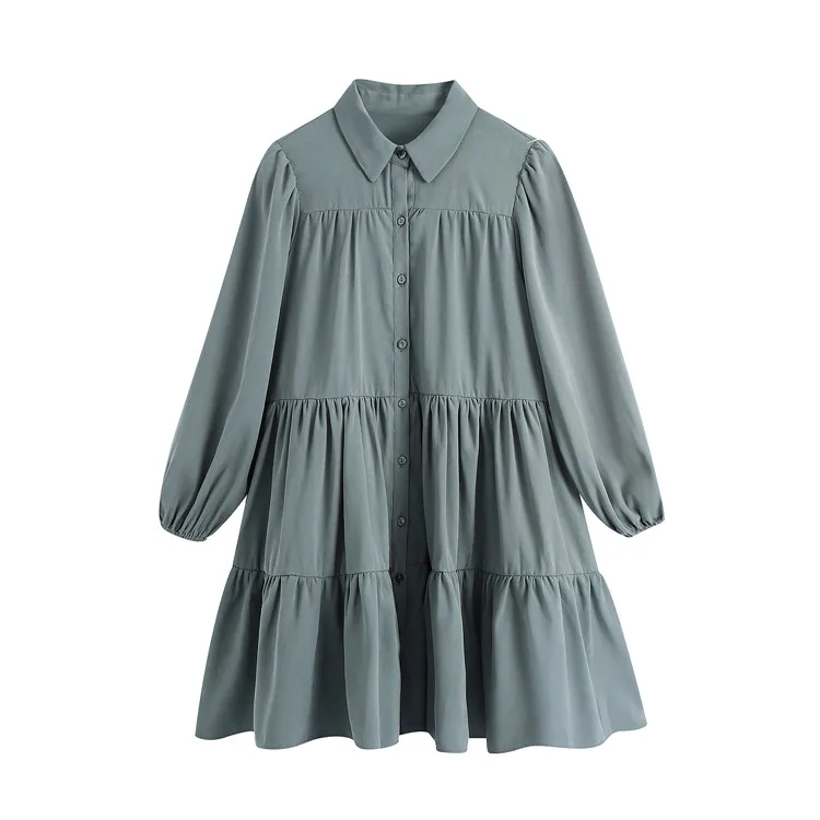 

2021 summer new style European and American style lapel buttoned solid color wide hem cotton dress