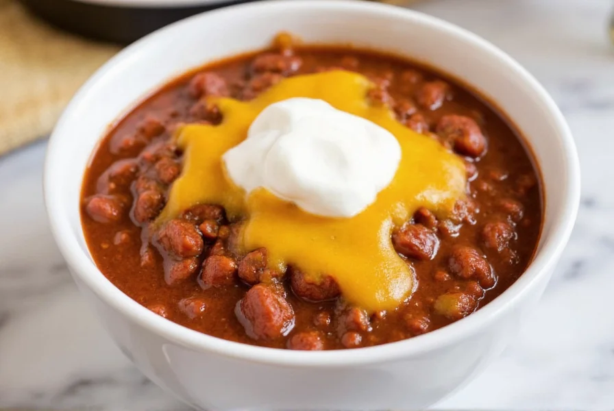 Perfectly textured instant pot chili with melted cheese and sour cream topping in white bowl